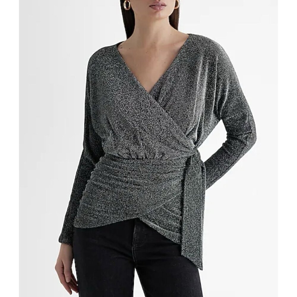 Express Womens Relaxed Metallic V-Neck Surplice Tie Waist Top Size S NWT $68